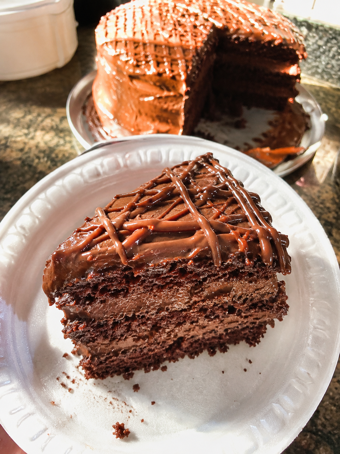 Fatia de bolo de chocolate com calda
